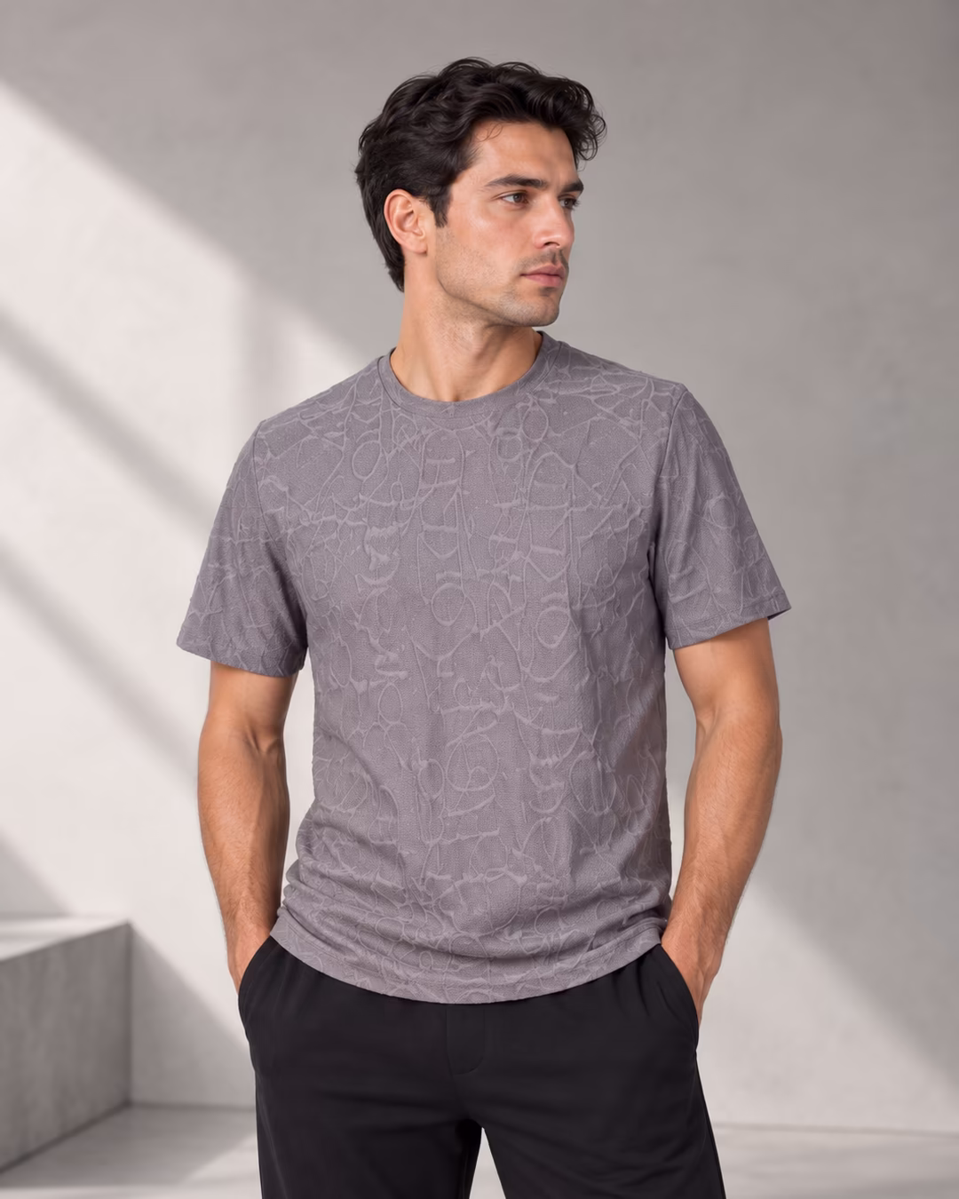 HE 312 Gofre Detaylı Polyester Erkek T-Shirt — Ön